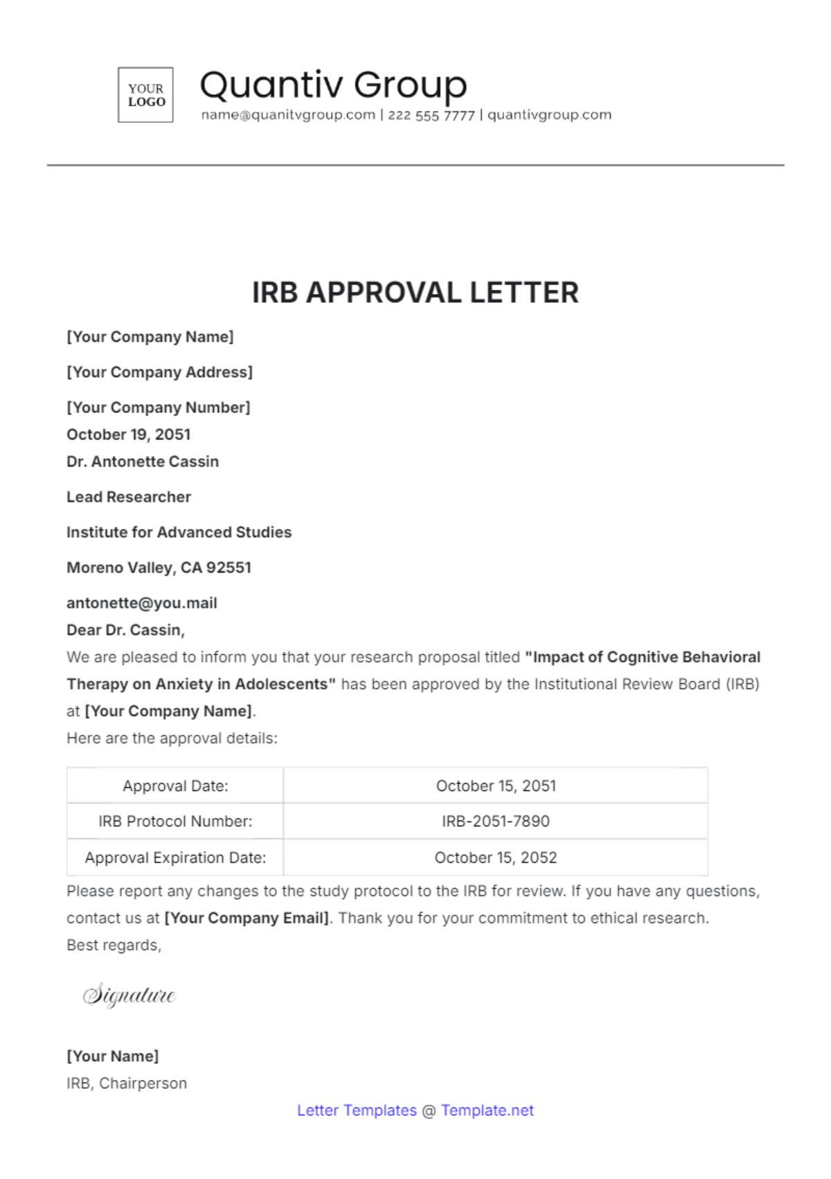 IRB Approval Letter Template - Edit Online & Download