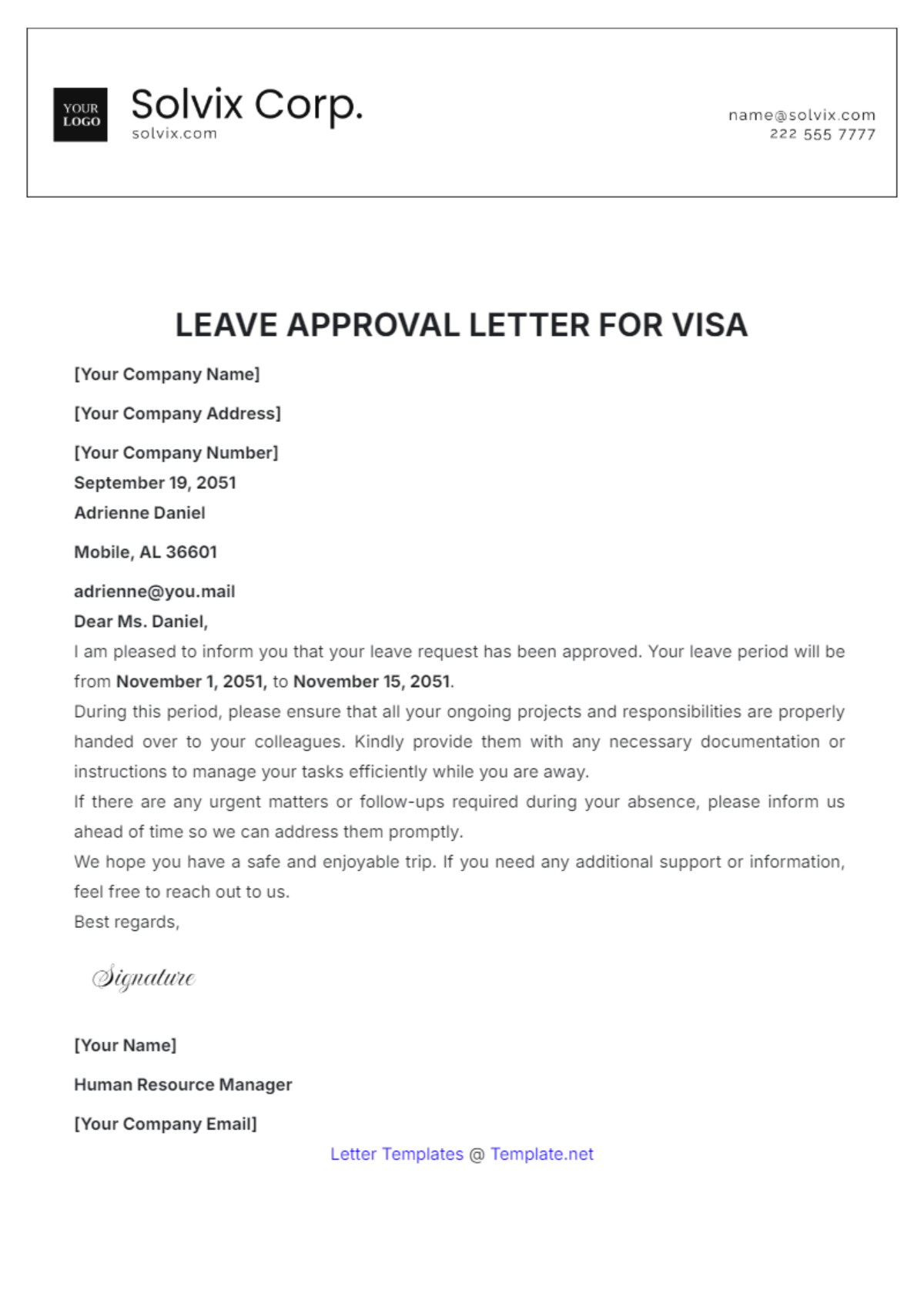 Leave Approval Letter for Visa Template - Edit Online & Download