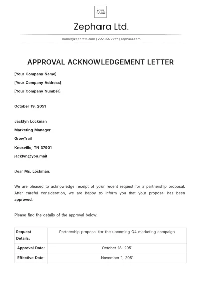 Free Approval Acknowledgement Letter Template to Edit Online
