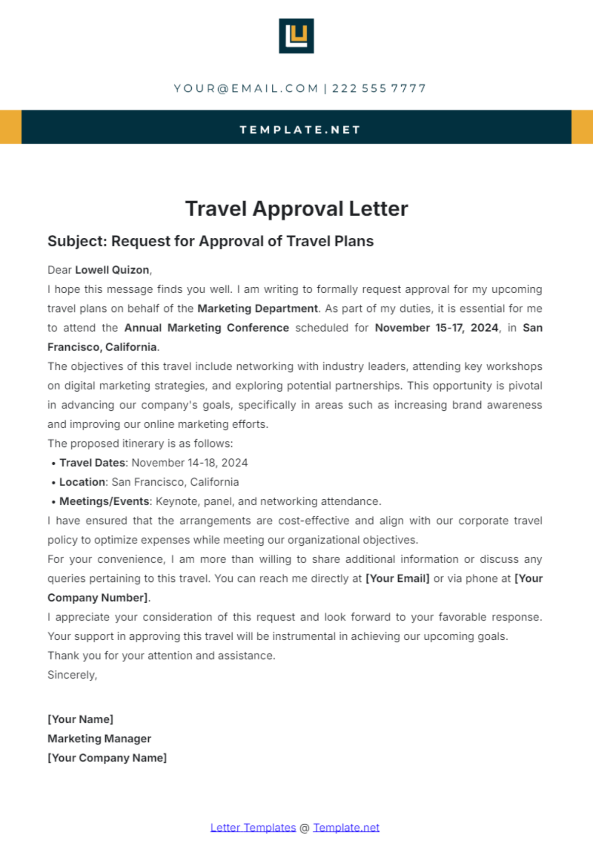 Travel Approval Letter Template - Edit Online & Download