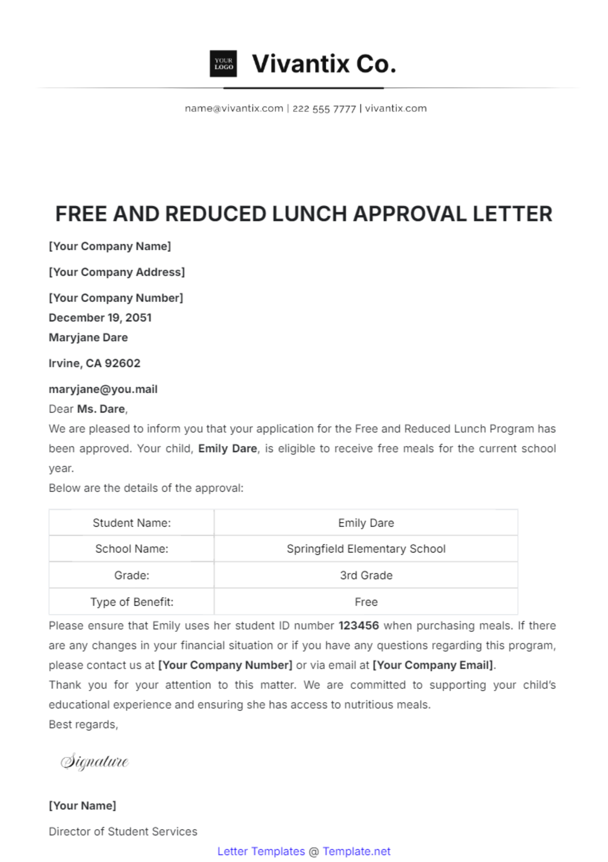 Free and Reduced Lunch Approval Letter Template - Edit Online & Download