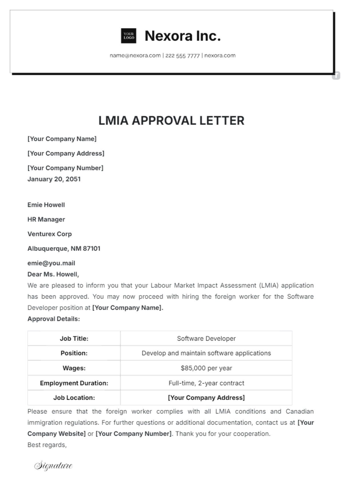 LMIA Approval Letter Template - Edit Online & Download