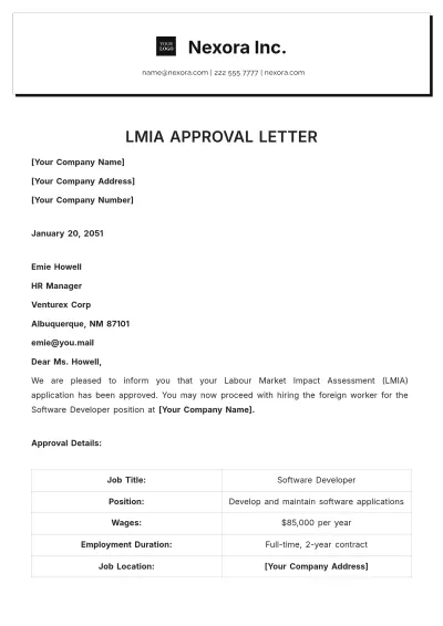 Free LMIA Approval Letter Template to Edit Online