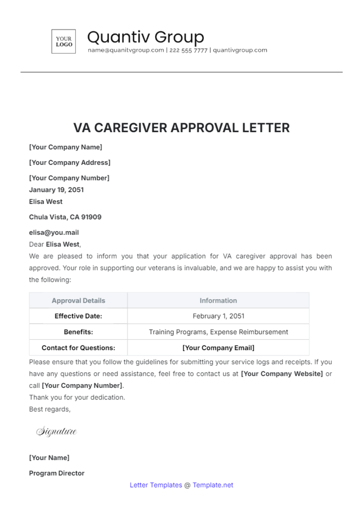 VA Caregiver Approval Letter Template - Edit Online & Download