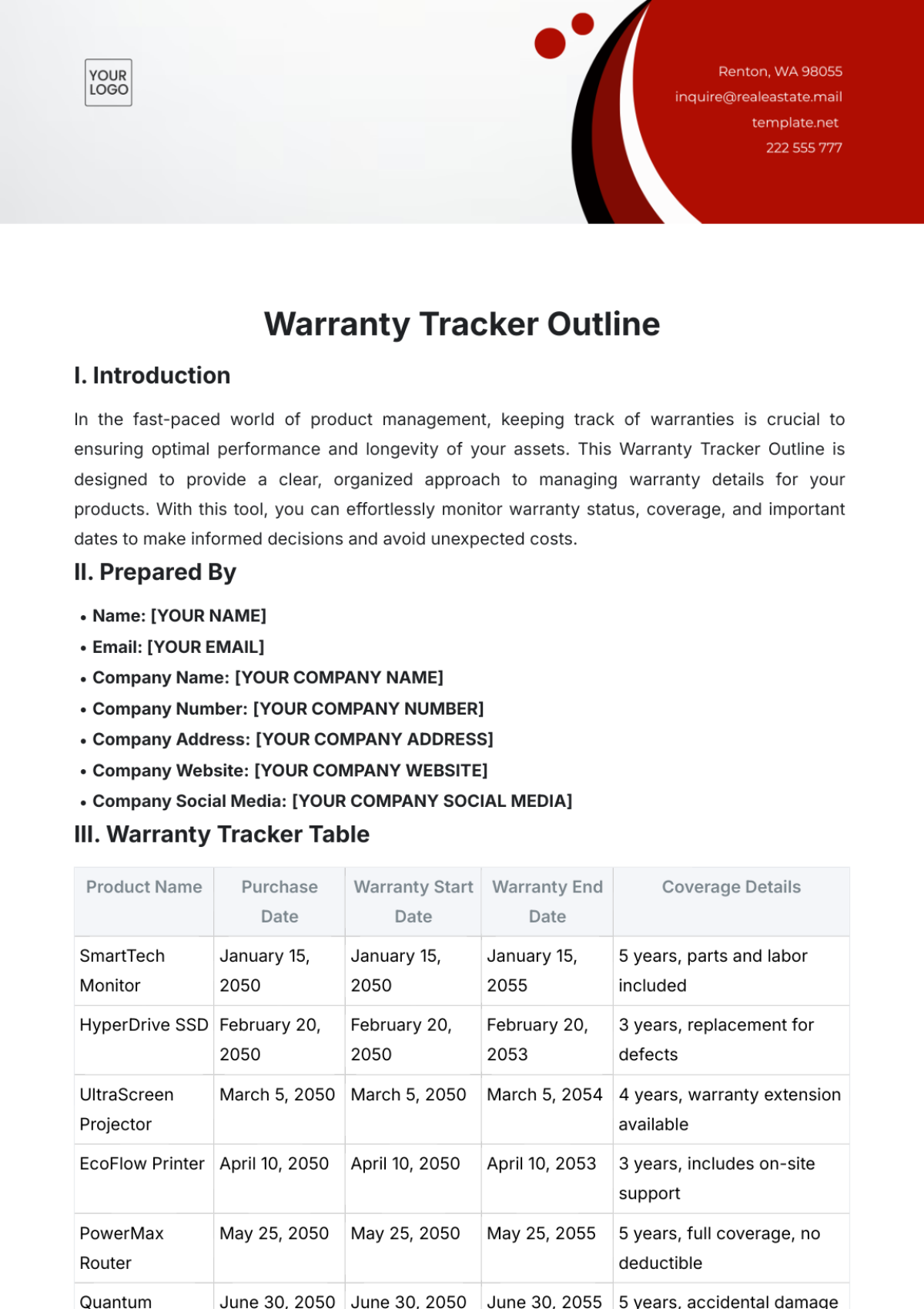 Free Warranty Tracker Outline Template To Edit Online