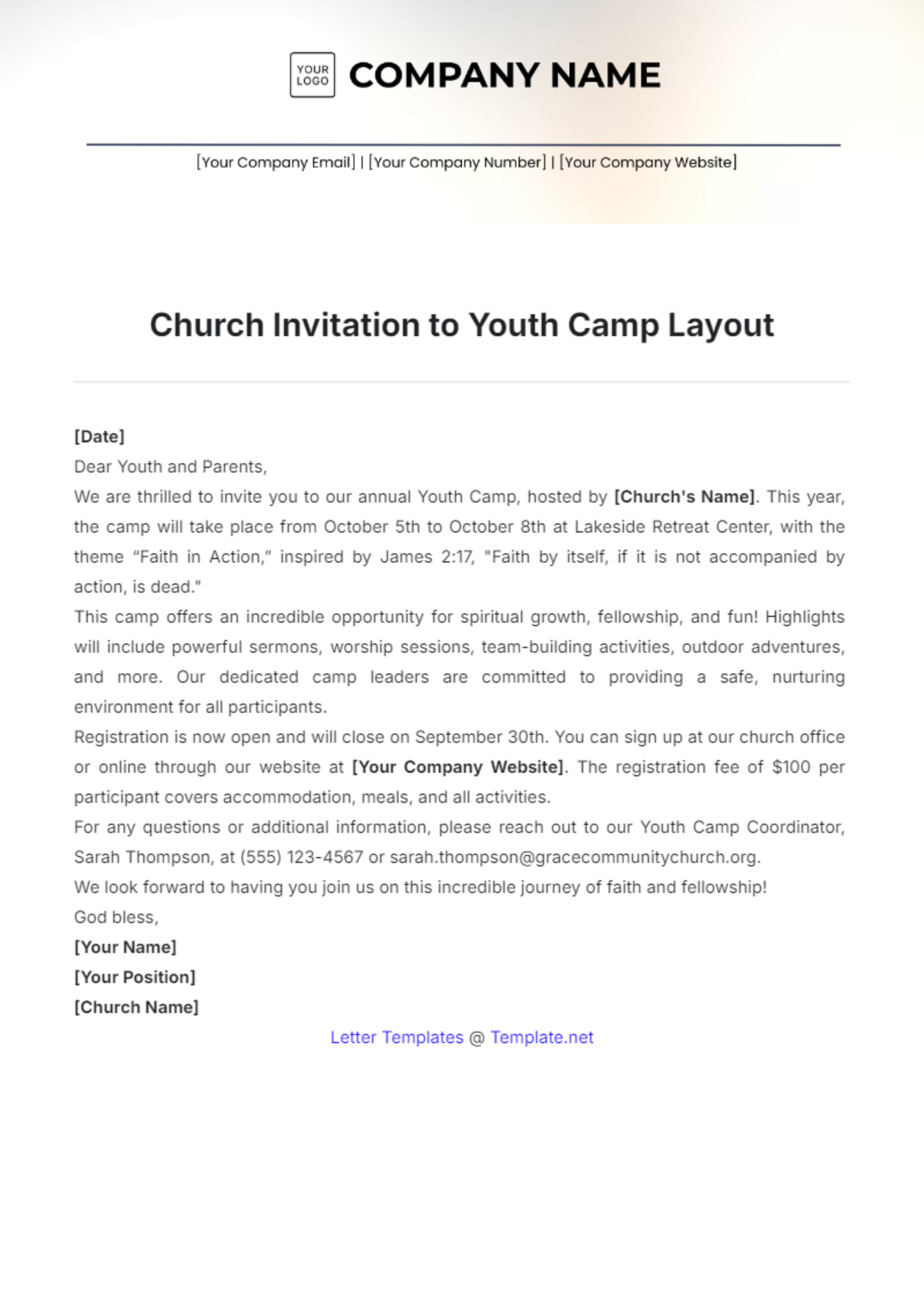 Church Invitation to Youth Camp Layout Template - Edit Online & Download