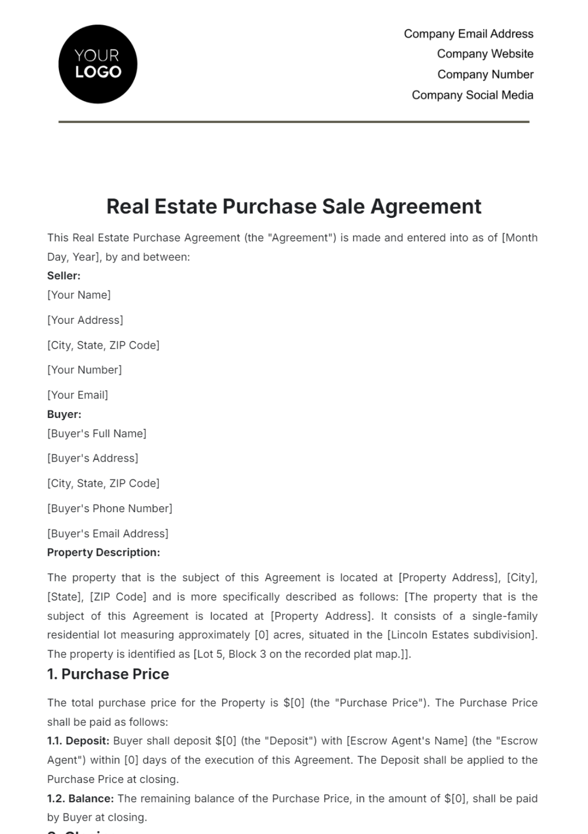 Real Estate Purchase Sale Agreement Template - Edit Online & Download