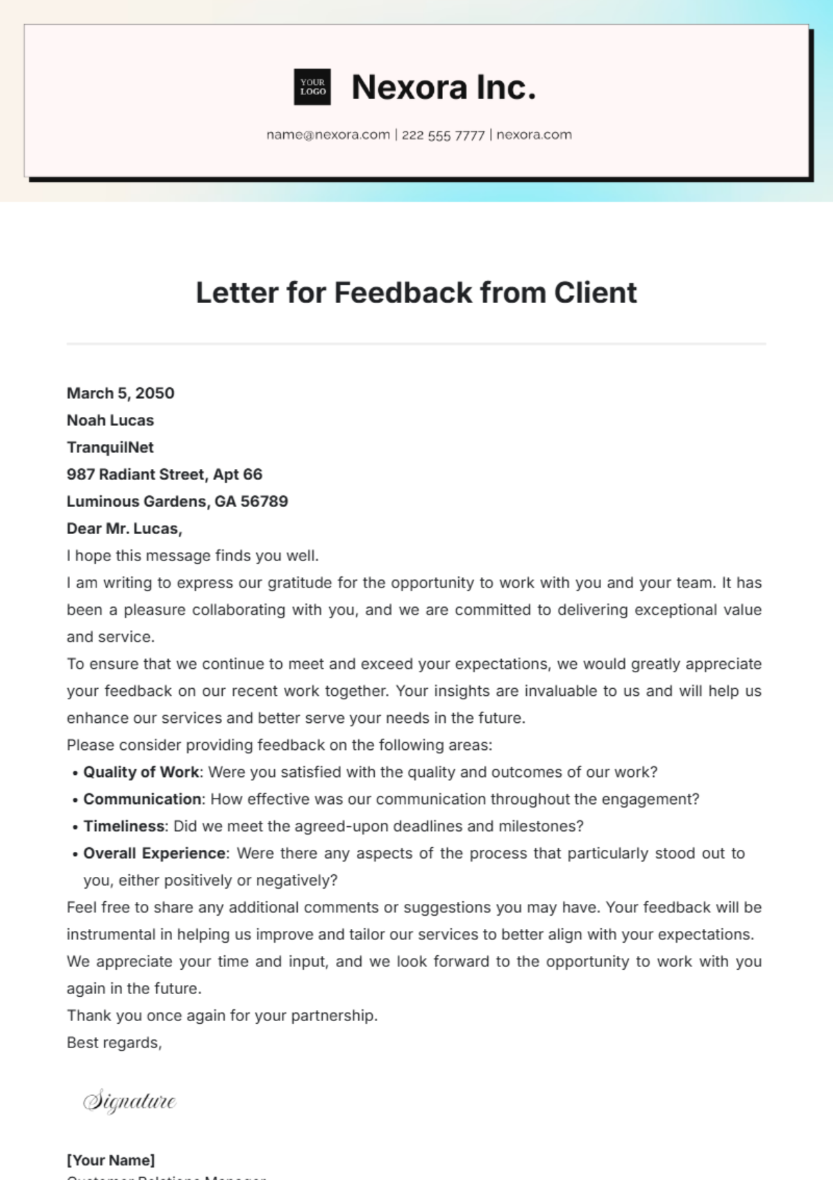 Letter for Feedback from Client Template - Edit Online & Download