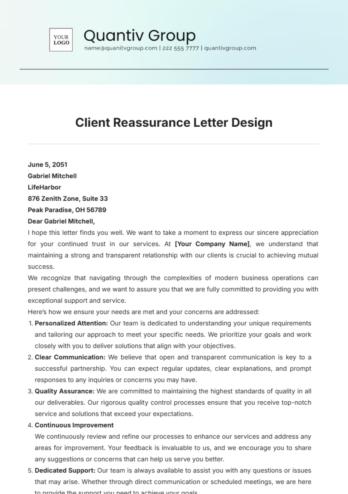 Client Reassurance Letter Design Template - Edit Online & Download