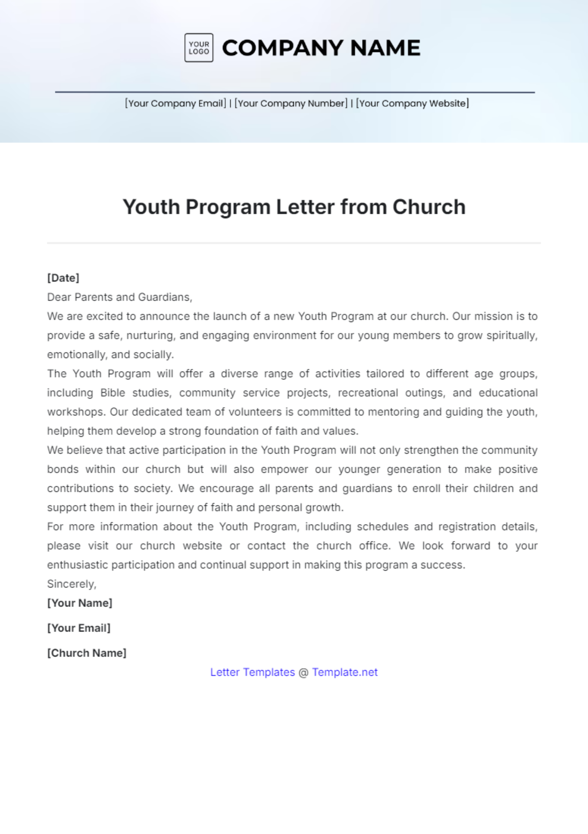 Youth Program Letter from Church Template - Edit Online & Download