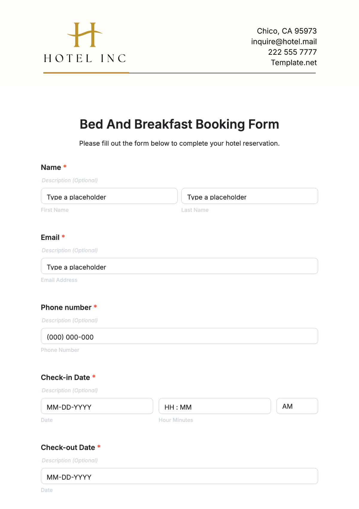 Bed and Breakfast Booking Form Template - Edit Online & Download