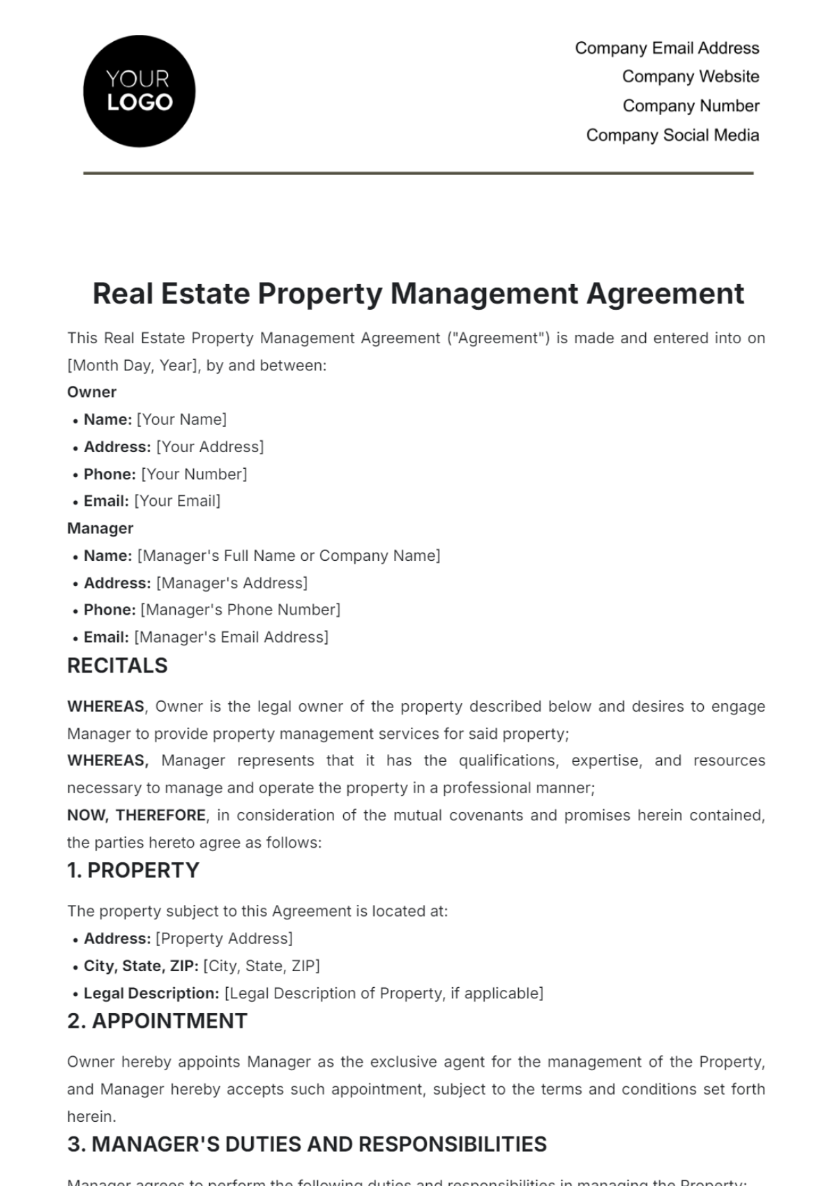 Real Estate Property Management Agreement Template - Edit Online & Download