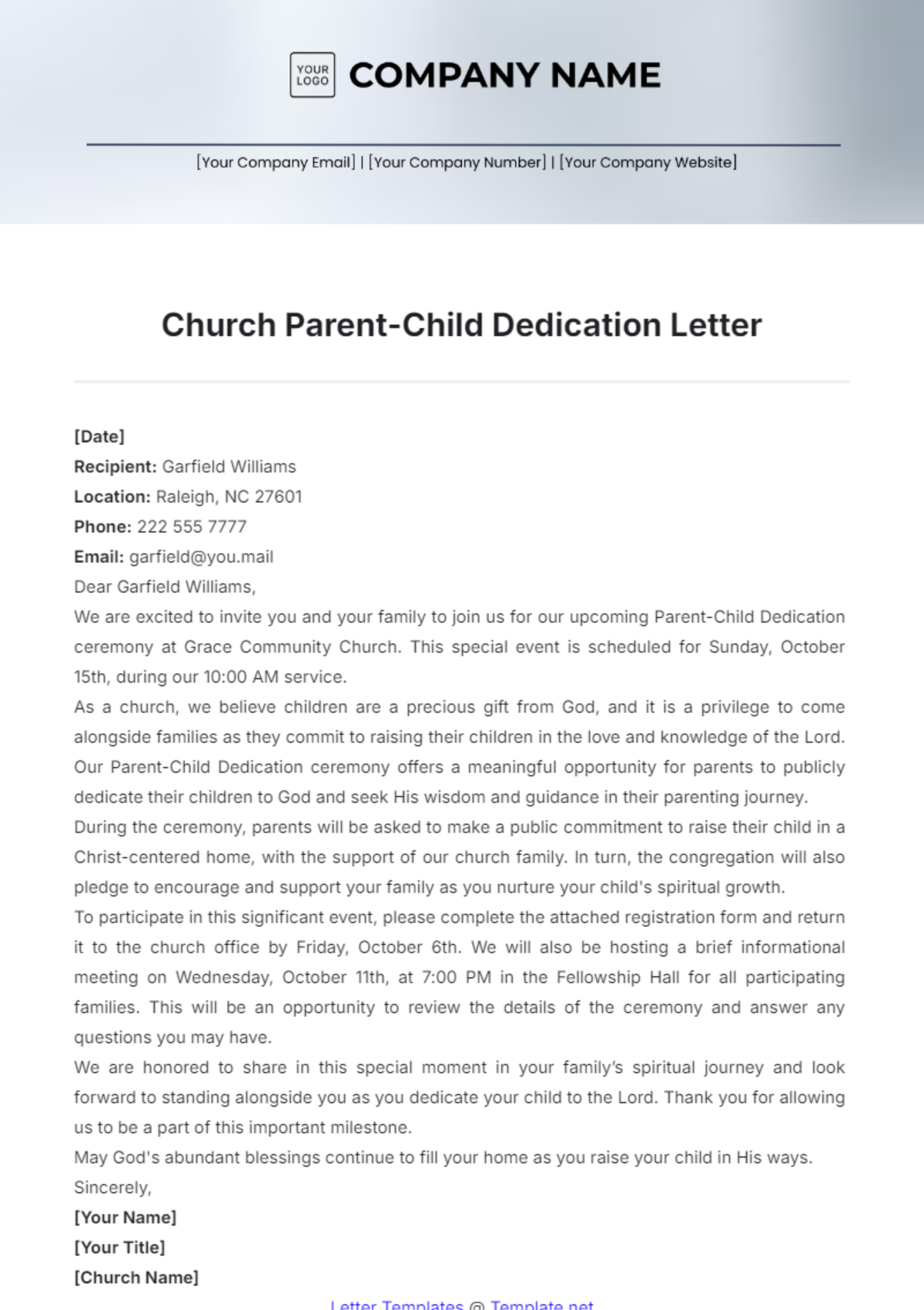 Church Parent-Child Dedication Letter Template - Edit Online & Download