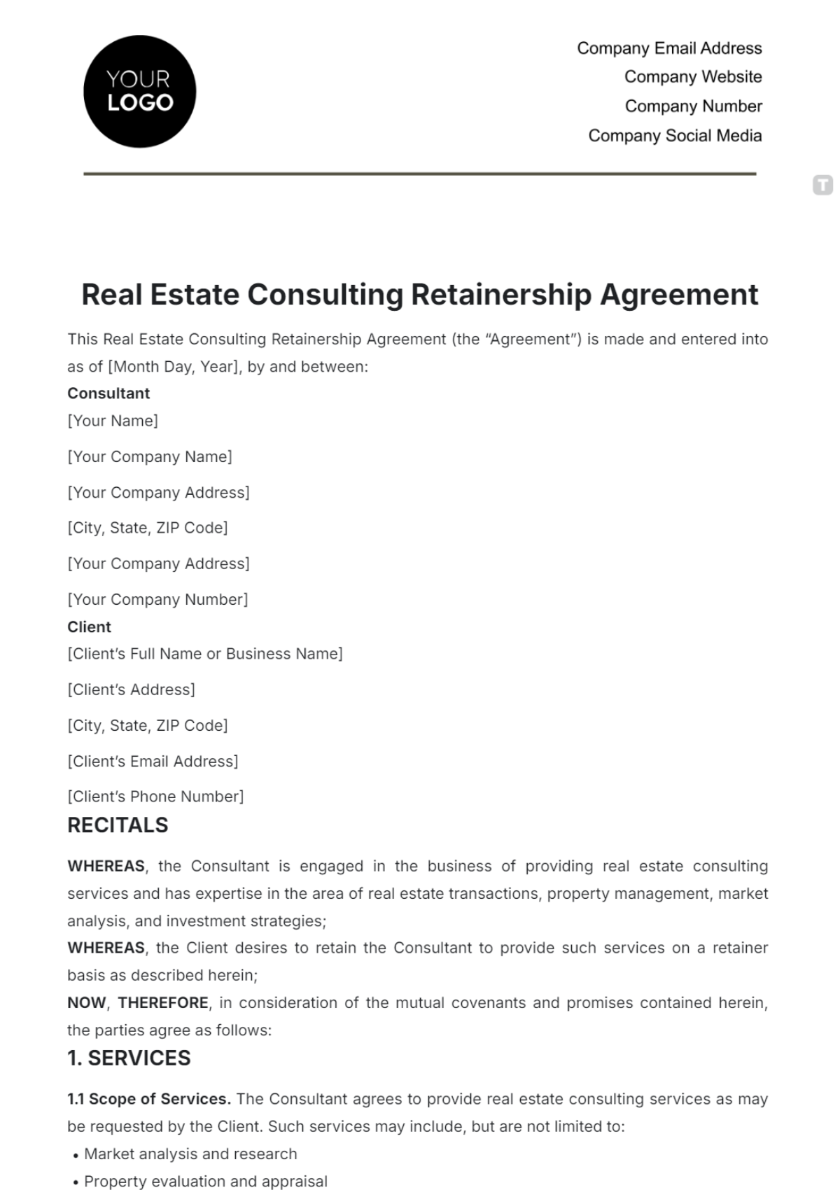 Real Estate Consulting Retainership Agreement Template - Edit Online & Download