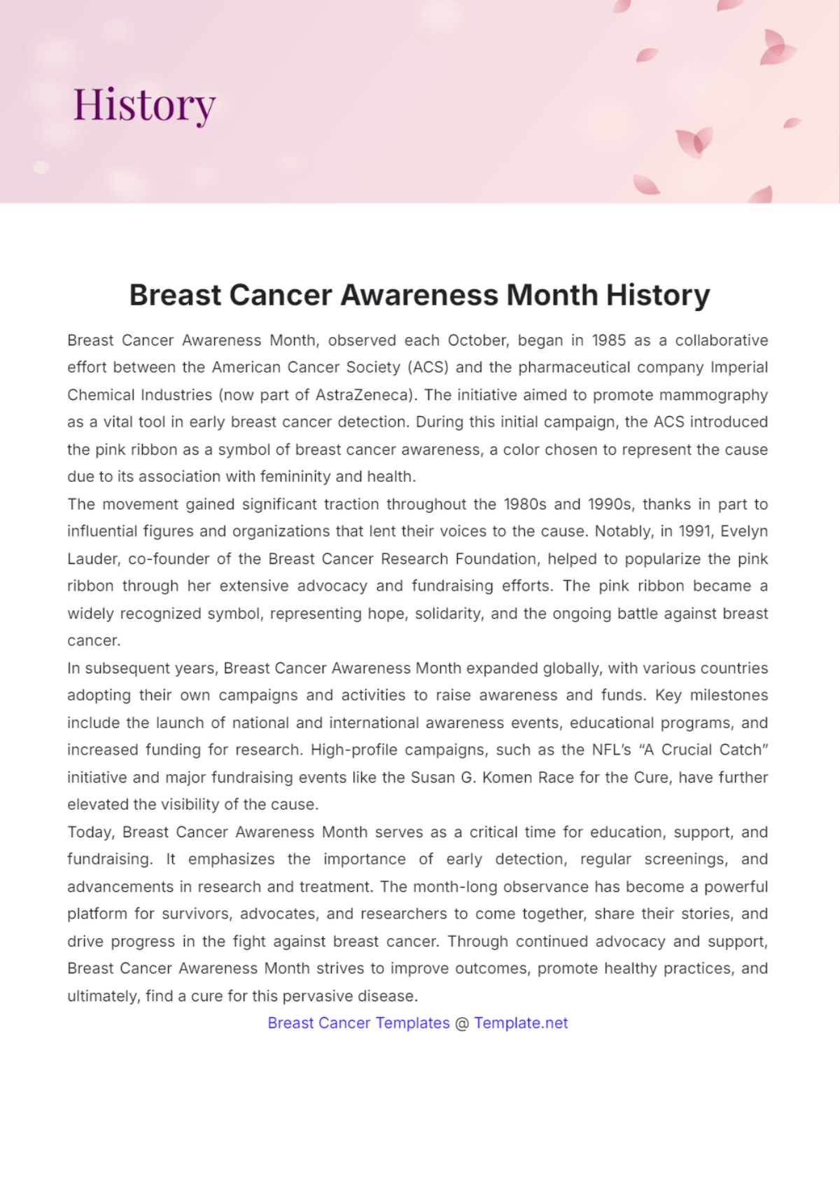 Breast Cancer Awareness Month History Template - Edit Online & Download