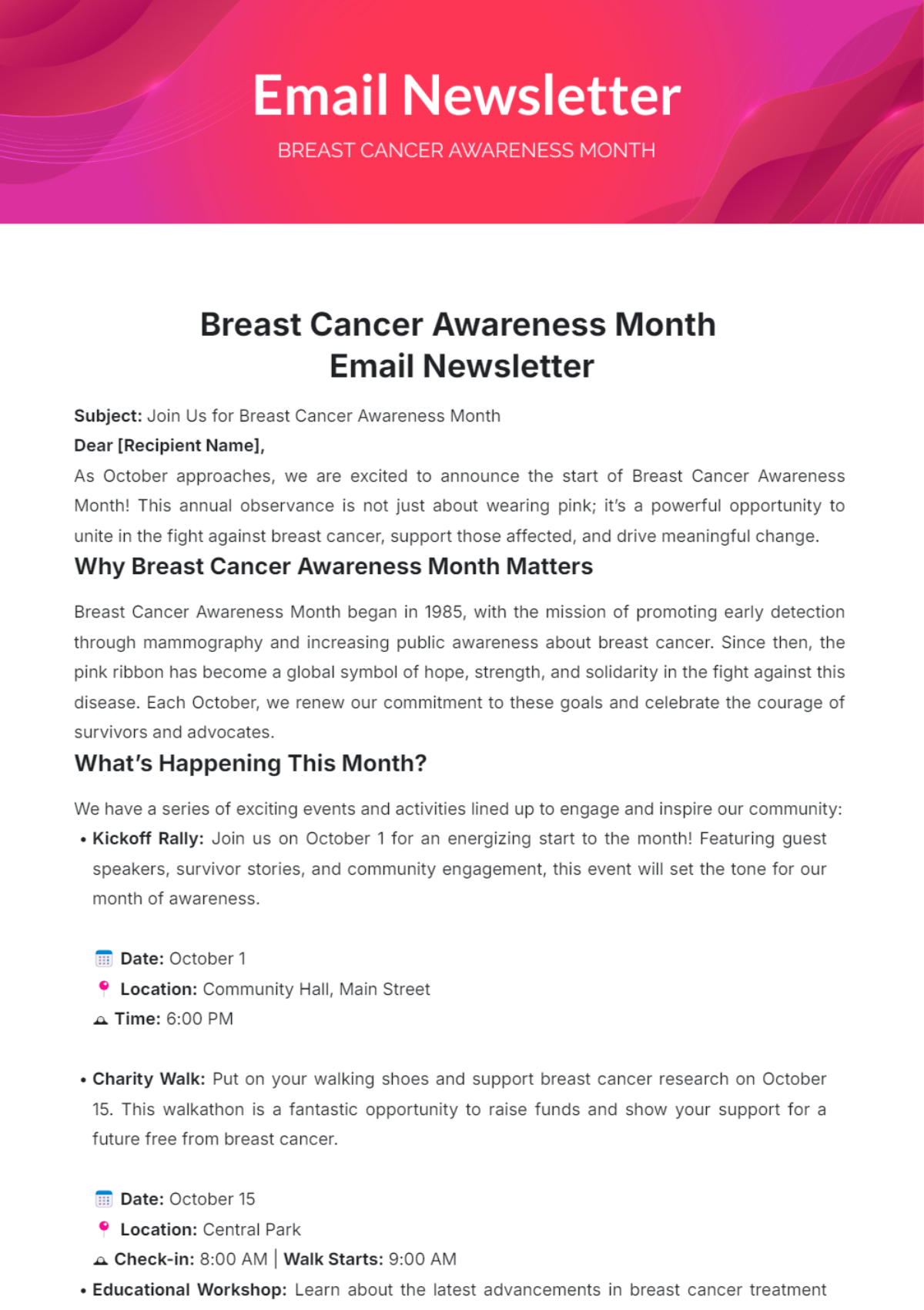 Breast Cancer Awareness Month Email Newsletter Template - Edit Online & Download