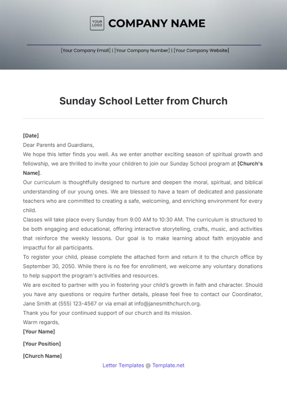 Sunday School Letter from Church Template - Edit Online & Download