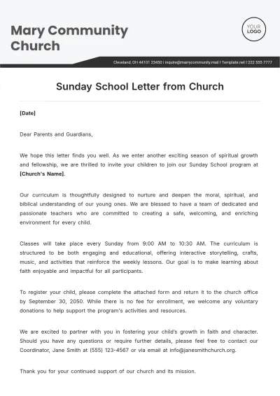 Free Sunday School Letter from Church Template to Edit Online