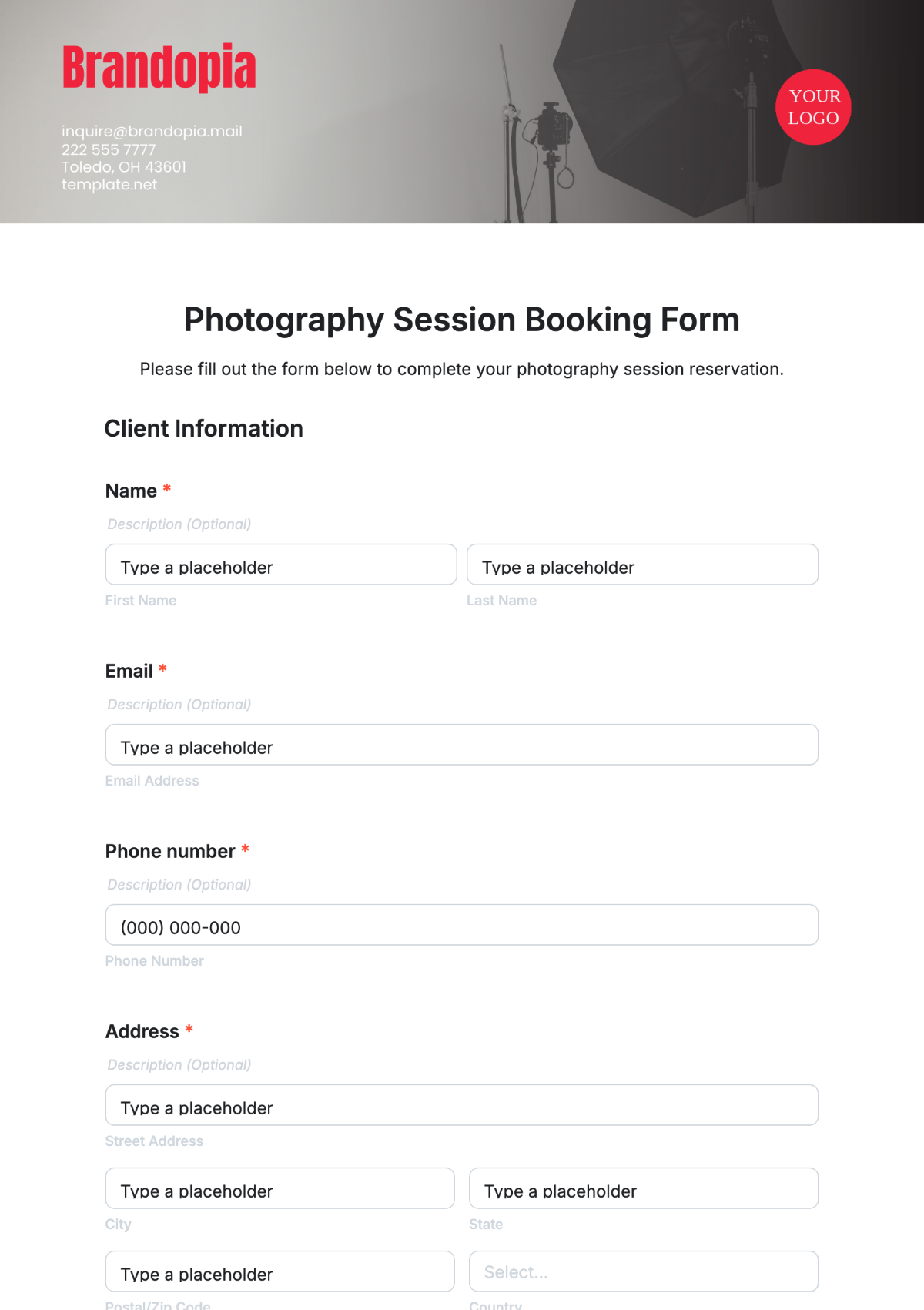 Photography Session Booking Form Template - Edit Online & Download