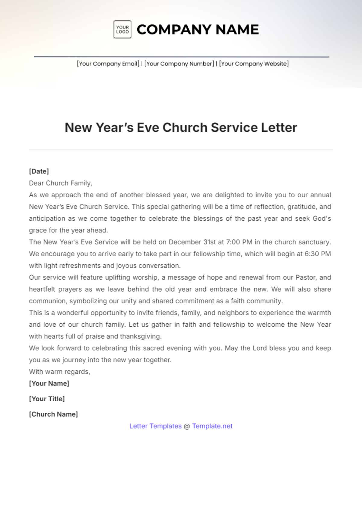 New Year’s Eve Church Service Letter Template - Edit Online & Download