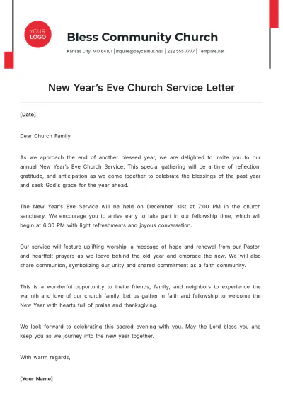Free New Year???s Eve Church Service Letter Template to Edit Online