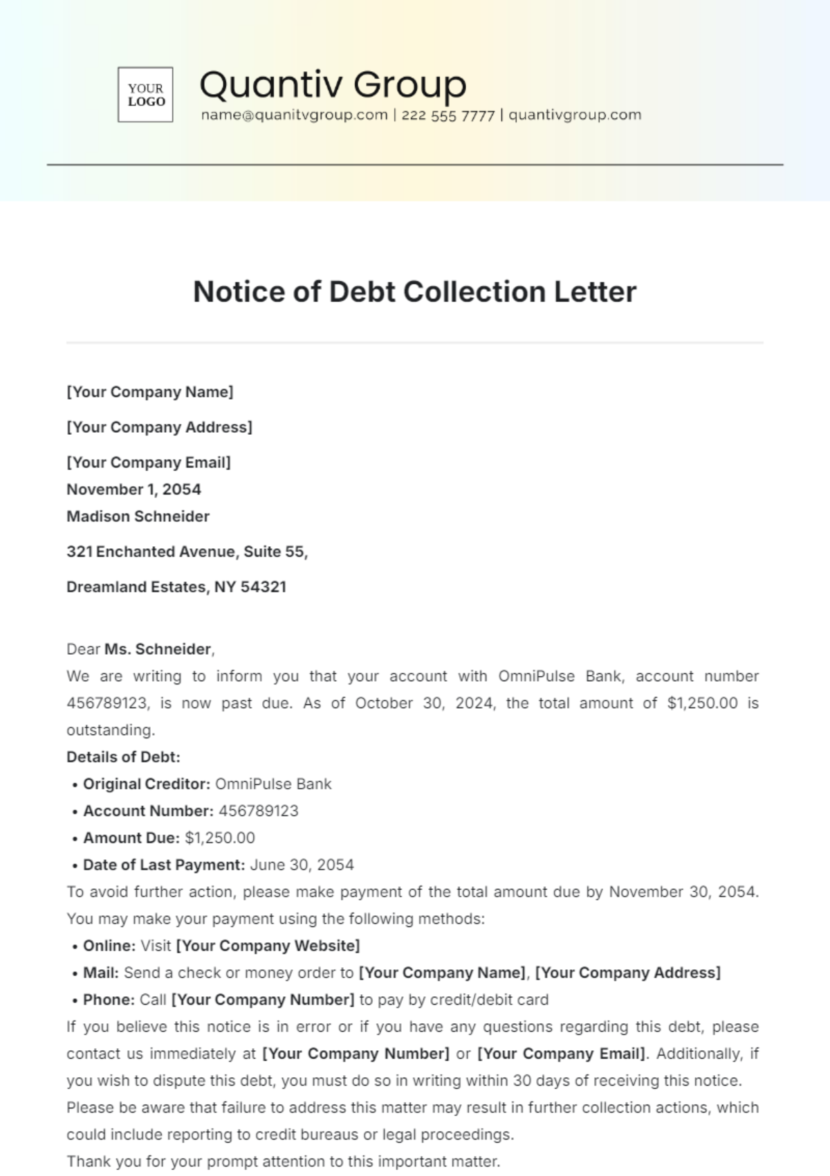 Free Notice of Debt Collection Letter Template - Edit Online & Download ...