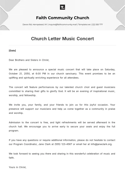 Free Church Letter Music Concert  Template to Edit Online