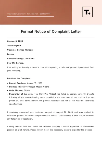 Free Format Notice of Complaint Letter Template to Edit Online