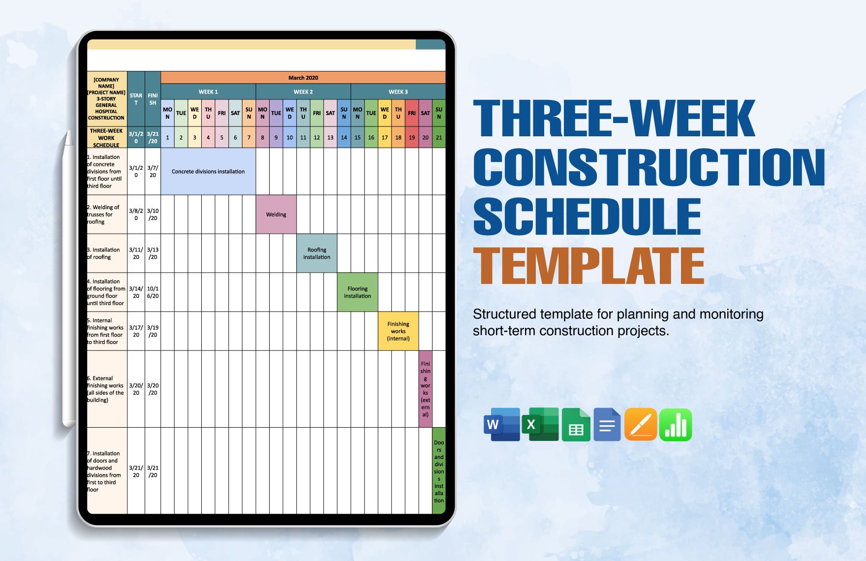 Three-Week Construction Schedule Template in Word, Google Docs, Excel, Google Sheets, Apple Pages, Apple Numbers