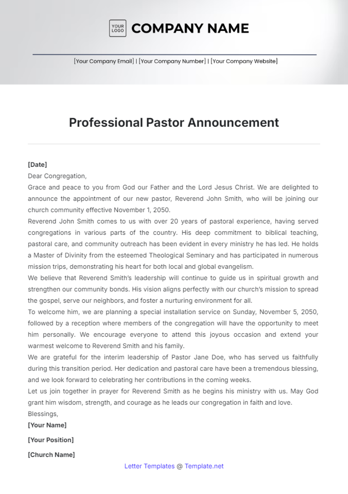 Professional Pastor Announcement Letter Template - Edit Online & Download