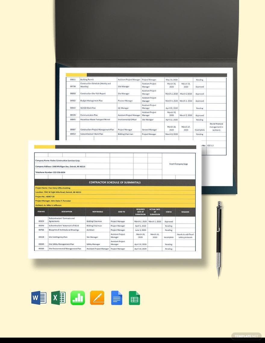 Construction Submittal Schedule Template in Word, Google Docs, Excel, Google Sheets, Apple Pages, Apple Numbers