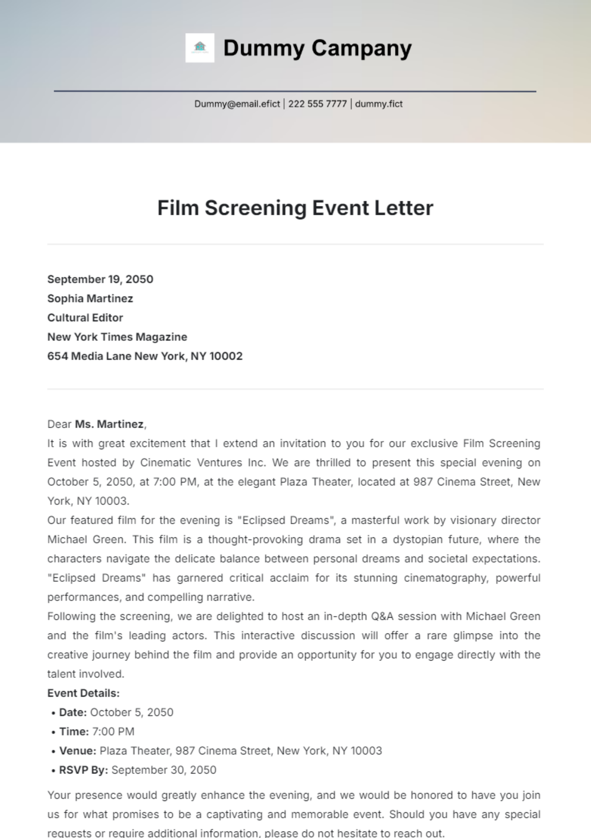 Film Screening Event Letter Template - Edit Online & Download