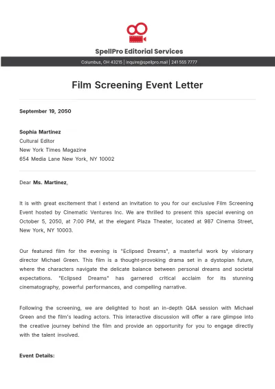Free Film Screening Event Letter Template to Edit Online