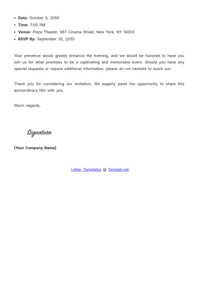 Free Film Screening Event Letter Template to Edit Online