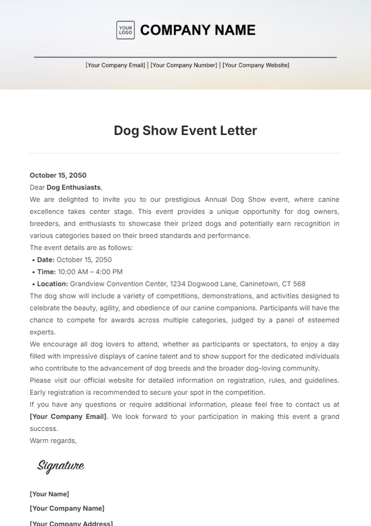 Dog Show Event Letter Template - Edit Online & Download