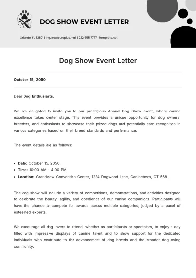Free Dog Show Event Letter Template to Edit Online