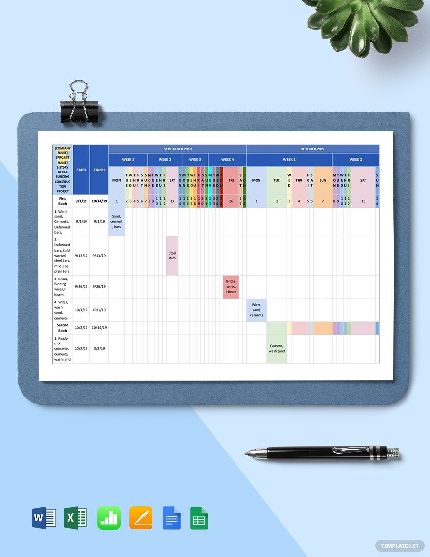 Construction Materials Schedule Template in Word, Google Docs, Excel, Google Sheets, Apple Pages, Apple Numbers