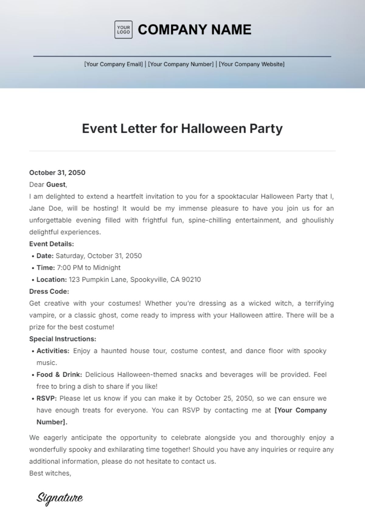 Event Letter for Halloween Party Template - Edit Online & Download