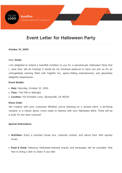 Free Event Letter for Halloween Party Template to Edit Online