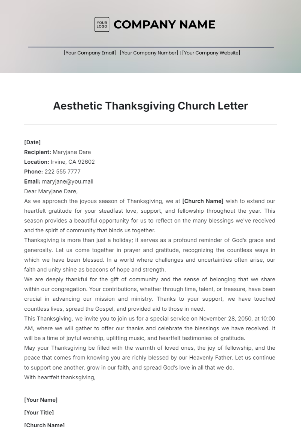 Aesthetic Thanksgiving Church Letter Template - Edit Online & Download