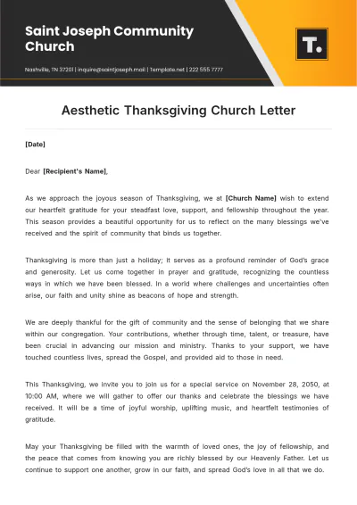 Free Aesthetic Thanksgiving Church Letter Template to Edit Online