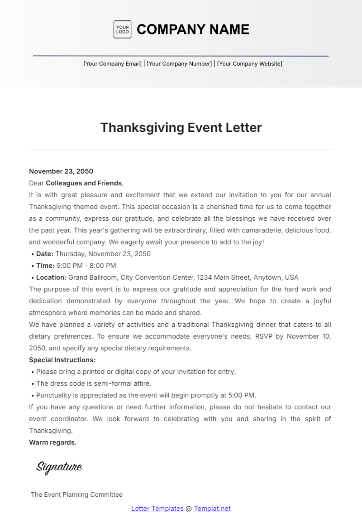 Thanksgiving Event Letter Template - Edit Online & Download