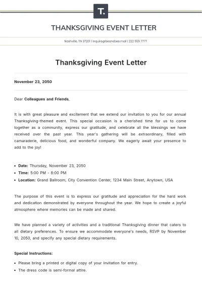 Free Thanksgiving Event Letter Template to Edit Online