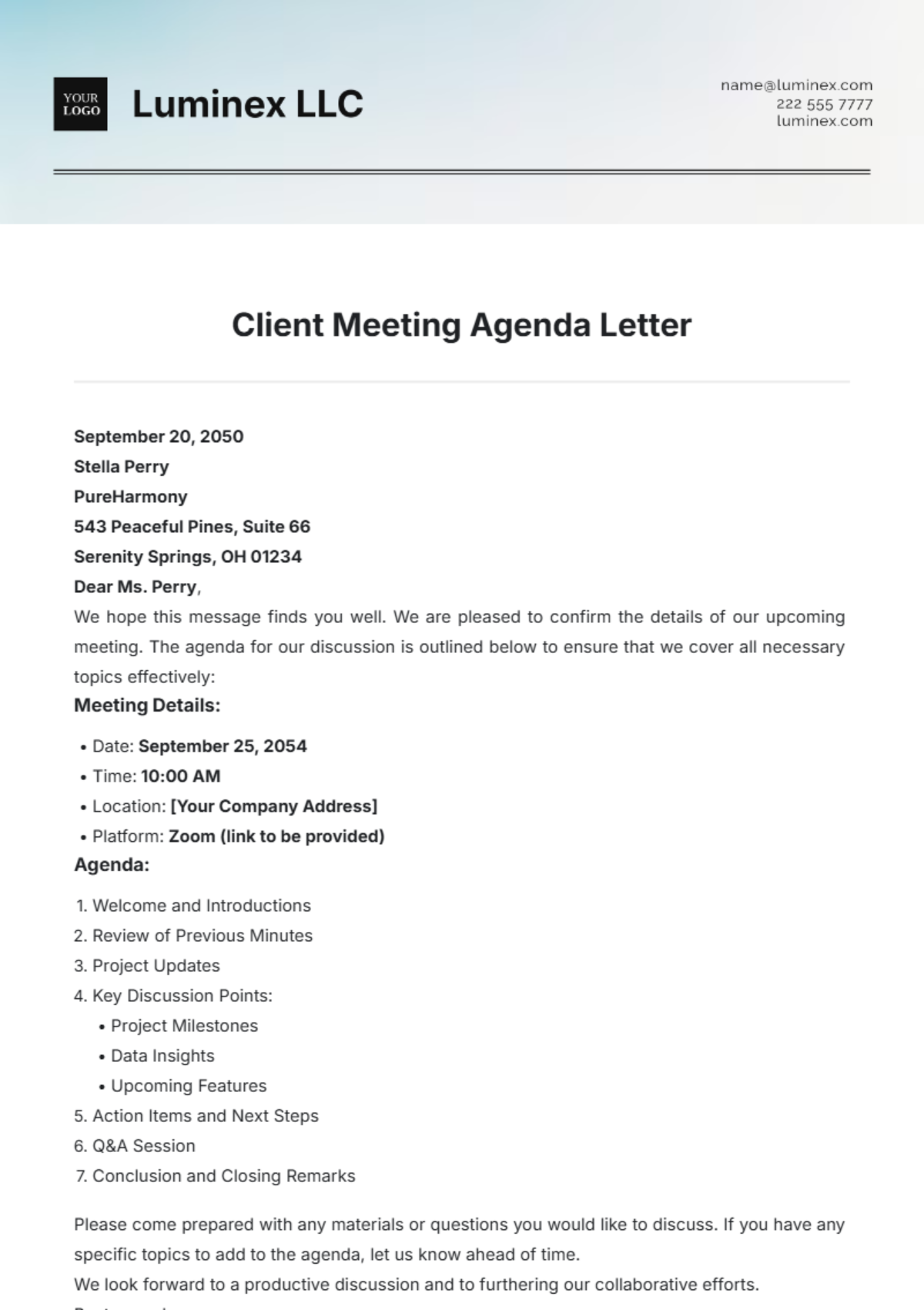 Client Meeting Agenda Letter Template - Edit Online & Download