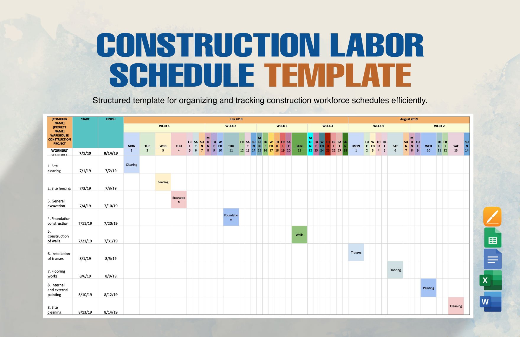 Construction Labor Schedule Template in Google Docs, Google Sheets, Word, Apple Numbers, Excel, Apple Pages - Download | Template.net