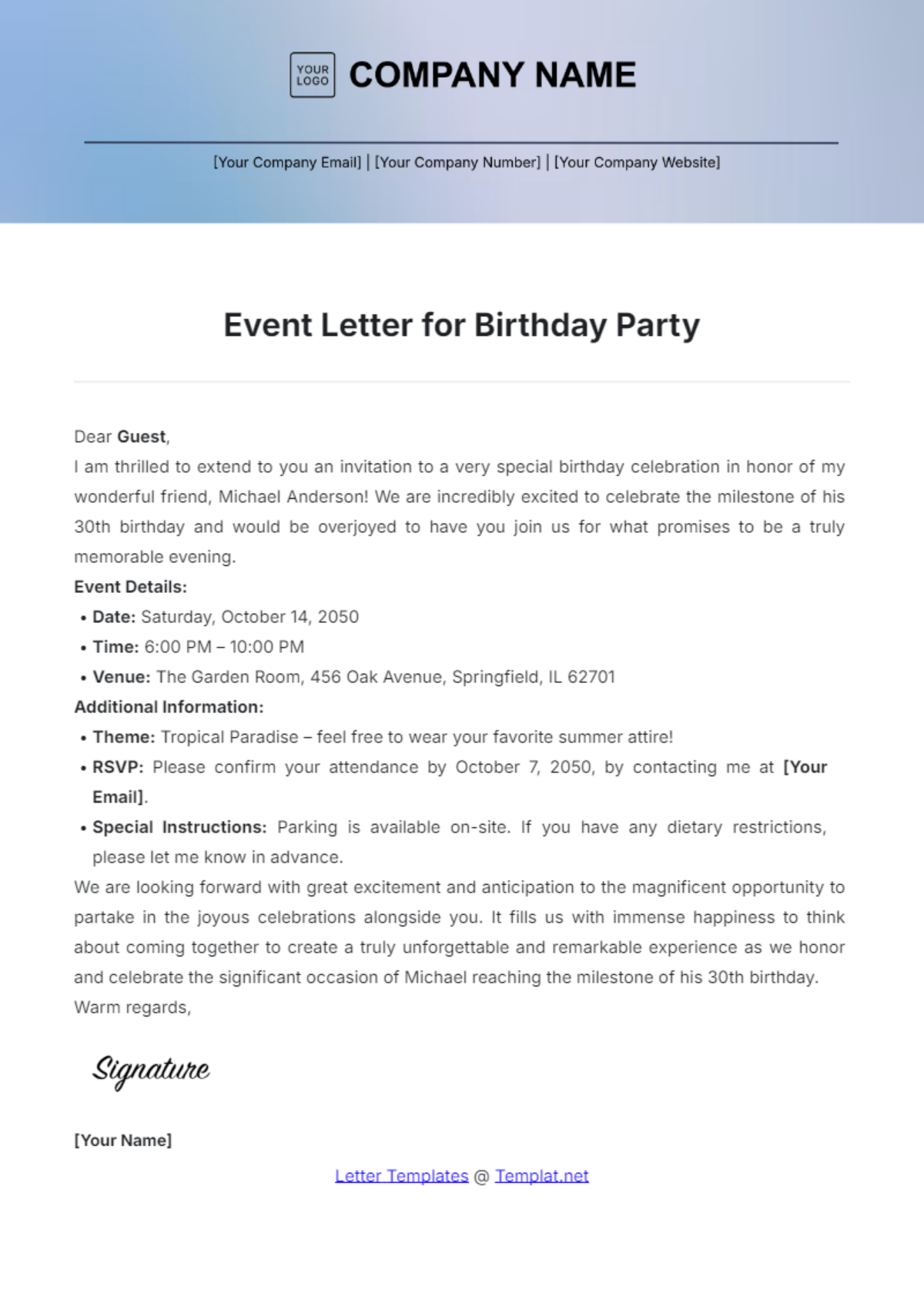 Event Letter for Birthday Party Template - Edit Online & Download