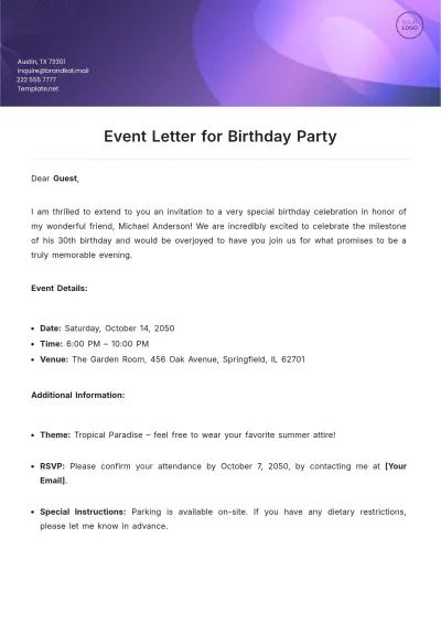 Free Event Letter for Birthday Party Template to Edit Online