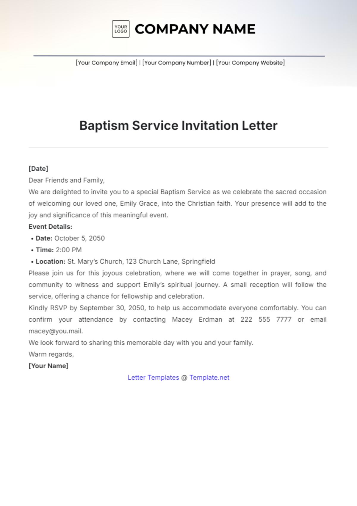 Baptism Service Invitation Letter Template - Edit Online & Download