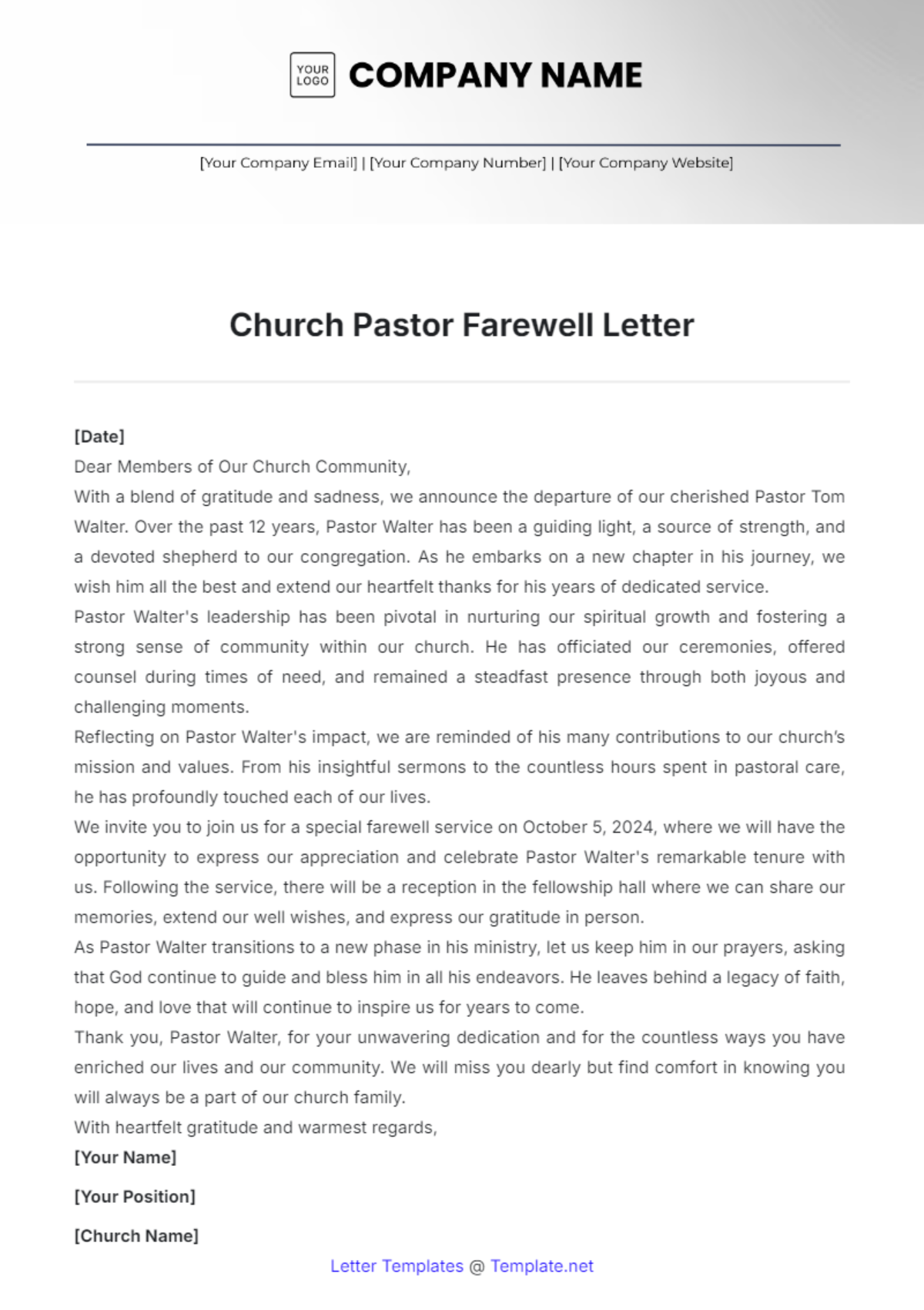 Church Pastor Farewell Letter Template - Edit Online & Download