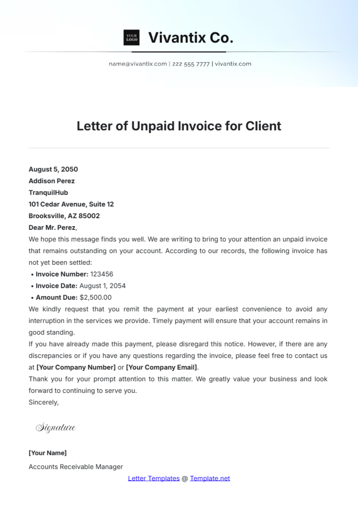 Letter of Unpaid Invoice for Client Template - Edit Online & Download